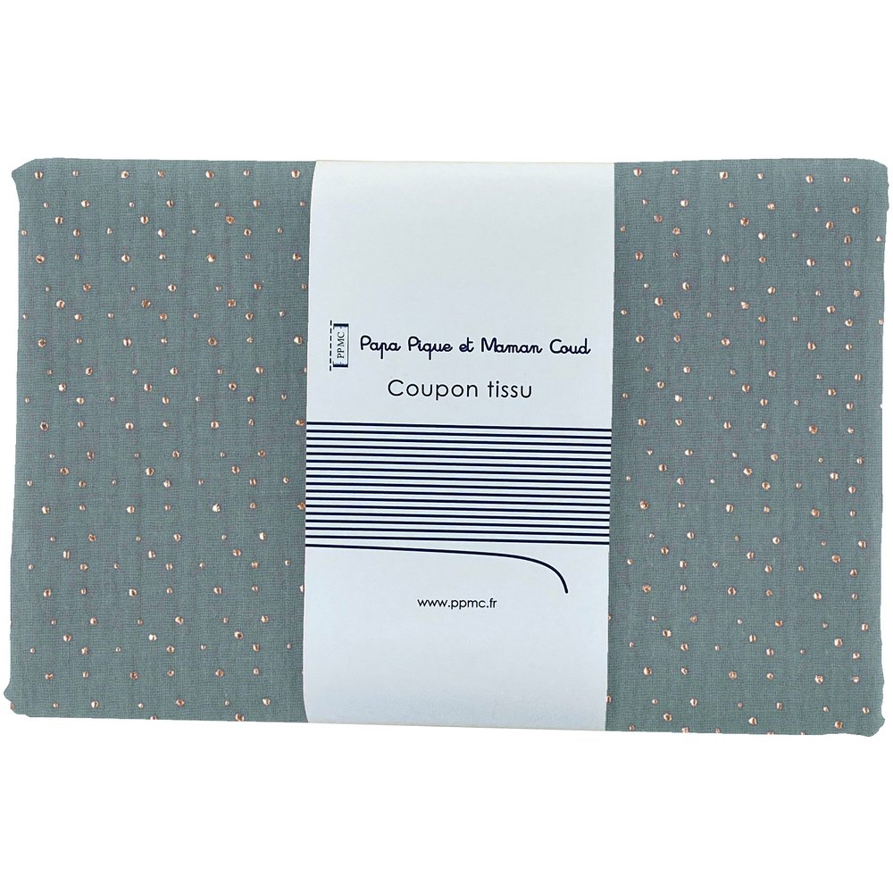 1 m fabric coupon gaze pois or bleu gris