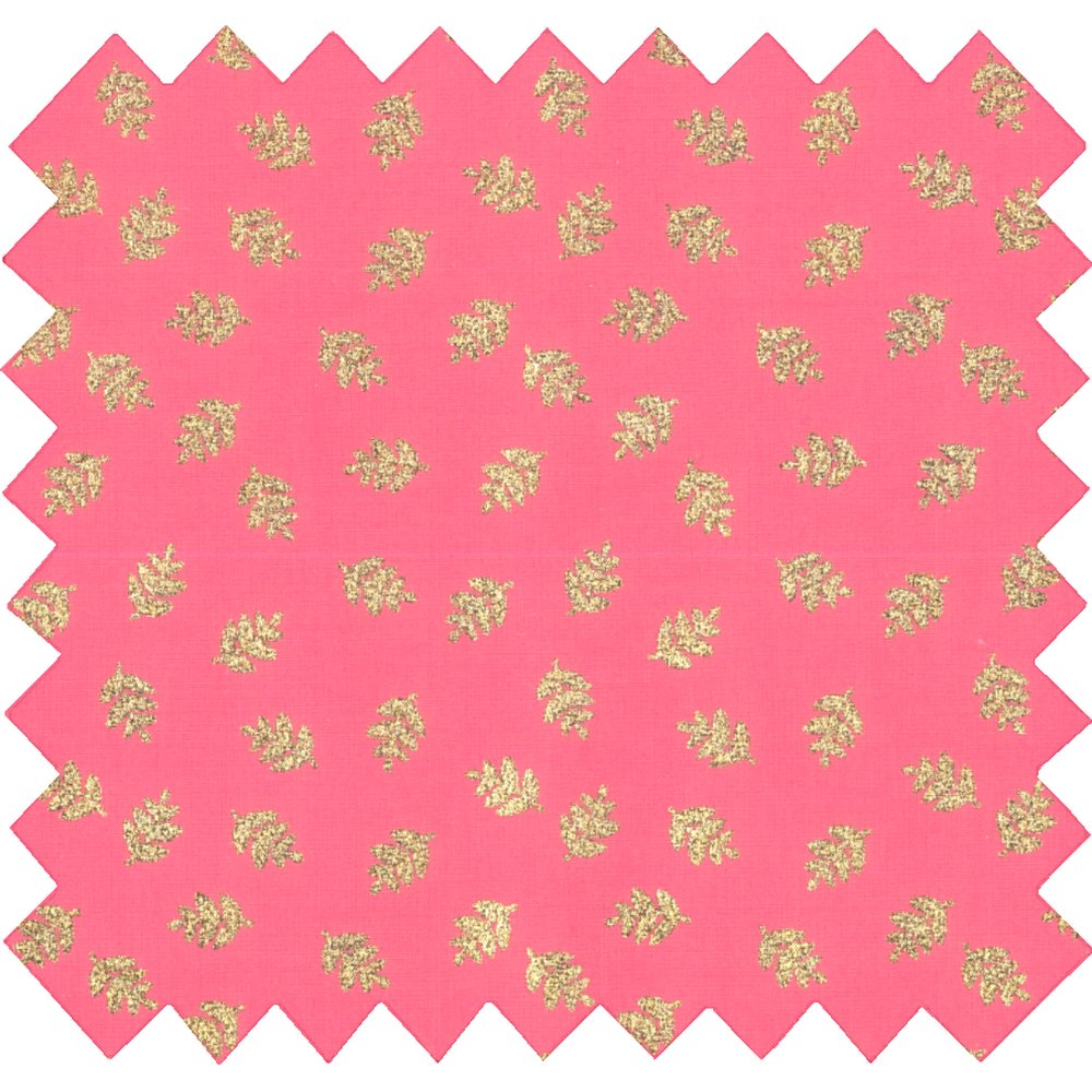 Tissu coton au mètre feuillage or rose